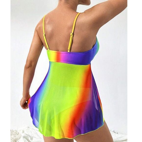 Y2K Rainbow Ombre Mermaidcore Cosplay Drawstring Bikini Cami Swimsuit Set - Picture 7 of 11
